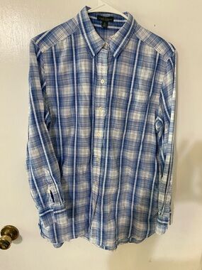 Lauren Ralph Lauren Blue and White Plaid Long-Sleeve Button-Down Shirt
